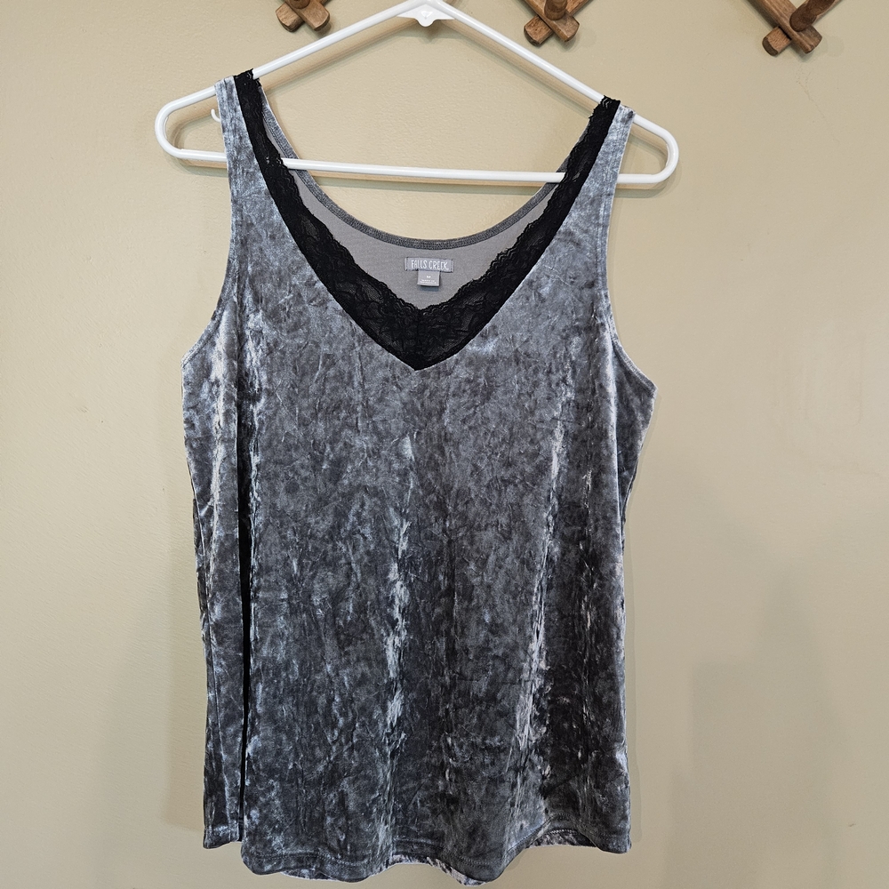 Gray Velvet Black Lace Trim V Neck Tank Top Falls Creek Medium Holiday Layering